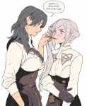  2girls alternate_costume alternate_hairstyle black_gloves black_hair blue_eyes blush breasts byleth_(fire_emblem) byleth_(fire_emblem)_(female) cowboy_shot edelgard_von_hresvelg embarrassed english_text face-to-face fire_emblem fire_emblem:_three_houses food garreg_mach_monastery_uniform gloves long_hair long_sleeves looking_at_another medium_breasts mouth_hold multiple_girls neckerchief pocky pocky_day pocky_kiss profile purple_eyes radiostarkiller shirt shoulder_strap side_ponytail silver_hair simple_background skirt sleeves_rolled_up speech_bubble sweat turtleneck white_background yuri 