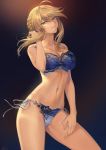  1girl ahoge artoria_pendragon_(all) artoria_pendragon_(lancer) bangs bare_shoulders blonde_hair blue_bra blue_panties bra braid breasts cleavage collarbone fate/grand_order fate_(series) french_braid gradient gradient_background green_eyes hair_between_eyes highres large_breasts long_hair looking_at_viewer mashuu_(neko_no_oyashiro) navel panties parted_lips sidelocks smile solo swept_bangs thighs underwear 