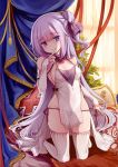  1girl alternate_costume azur_lane bangs bare_shoulders blush breasts commentary_request detached_sleeves dress eyebrows_visible_through_hair hair_ornament highres indoors long_hair looking_at_viewer medium_breasts one_side_up panties purple_eyes purple_hair purple_panties rhineheim solo thighhighs underwear unicorn_(azur_lane) union_jack very_long_hair white_legwear 