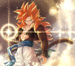  1boy abs arm_at_side blue_eyes blurry bokeh depth_of_field dragon_ball dragon_ball_gt dragon_ball_z energy_ball glowing gogeta gradient gradient_background grey_background legs_apart light_particles light_rays long_hair looking_away mattari_illust monkey_tail pants pectorals red_hair smile spiked_hair standing super_saiyan_4 tail twitter_username upper_body very_long_hair waistcoat white_background white_pants wristband 