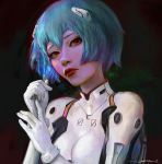  1girl ayanami_rei blue_hair breasts dark_background gloves highres lipstick looking_at_viewer makeup neon_genesis_evangelion oliver_wetter painting plugsuit red_eyes red_lipstick white_gloves 