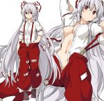  1girl bangs bow breasts cleavage closed_mouth commentary_request fujiwara_no_mokou hair_between_eyes hair_bow long_hair looking_at_viewer medium_breasts multiple_views navel open_clothes open_fly open_shirt pants red_bow red_eyes red_pants shirt shiseki_hirame sleeves_rolled_up smile suspenders touhou two-tone_bow very_long_hair white_bow white_hair white_shirt 