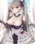  1girl absurdres azur_lane bangs bare_shoulders between_breasts black_dress blush breasts cleavage commentary_request dress earrings eyebrows_visible_through_hair formidable_(azur_lane) frilled_dress frills grey_hair hair_ribbon highres jewelry large_breasts long_hair long_sleeves looking_at_viewer red_eyes ribbon solo twintails two-tone_dress two-tone_ribbon very_long_hair yua_(bokubo0806) 