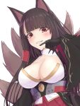  1girl akagi_(azur_lane) animal_ears azur_lane bangs black_hair blush breasts brown_hair cleavage commentary_request elfenlied22 eyebrows_visible_through_hair fox_ears fox_tail gloves highres japanese_clothes large_breasts long_hair looking_at_viewer multiple_tails red_eyes smile tail wide_sleeves 