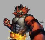  2018 5_fingers abs anthro biceps black_body black_fur claws digital_media_(artwork) fingers fur green_eyes grey_background incineroar looking_at_viewer male mammal multicolored_body multicolored_fur muscular muscular_male nintendo pecs pok&eacute;mon pok&eacute;mon_(species) red_body red_fur simple_background solo teeth video_games wolfmalro yellow_sclera 