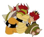 2boys absurdres armlet blush bowser closed_eyes crown fangs finger_to_another&#039;s_chin height_difference highres horns kendy_(revolocities) looking_at_another lord_peach male_focus mario_(series) multiple_boys new_super_mario_bros._u_deluxe red_hair shell simple_background spiked_armlet thick_eyebrows white_background yaoi 