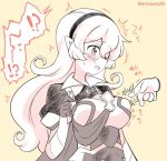  1girl armor cape corrin_(fire_emblem) corrin_(fire_emblem)_(female) eromame fire_emblem fire_emblem_fates hairband long_hair monochrome open_mouth pointy_ears simple_background solo_focus tearing_up twitter_username upper_body 