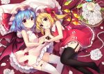  2girls :d alternate_costume bare_arms bat_wings birdcage blonde_hair blue_hair blush breasts cage dress eyebrows_visible_through_hair feet feet_out_of_frame flandre_scarlet flower frilled_dress frills hair_between_eyes hat hat_ribbon highres holding_hands looking_at_viewer lying mob_cap multiple_girls open_mouth pearl_(gemstone) petals pillow red_eyes remilia_scarlet ribbon short_hair skirt small_breasts smile thighhighs touhou wings zettai_ryouiki 