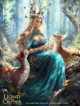  1girl antlers blonde_hair blue_butterfly blue_dress bracelet braid breasts bug butterfly cleavage copyright_name dated deer dress eyeshadow flower forest head_wreath highres insect jewelry large_breasts legend_of_the_cryptids long_hair makeup mushroom nature official_art sitting sitting_on_log solan watermark 