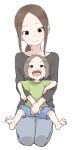  2girls :d absurdres bangs barefoot black_shirt blue_pants blue_shorts brown_eyes brown_hair child closed_mouth collarbone commentary_request forehead green_shirt head_tilt highres karakai_jouzu_no_(moto)_takagi-san long_hair long_sleeves low_ponytail mother_and_daughter multiple_girls nishikata_chii open_mouth pants parted_bangs ponytail seiza shirt short_hair short_sleeves shorts simple_background sitting sitting_on_lap sitting_on_person smile soles takagi-san upper_teeth white_background wide_sleeves yamamoto_souichirou 