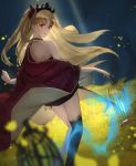  1girl absurdres aito bangs birdcage black_legwear blonde_hair cage cape commentary_request ereshkigal_(fate/grand_order) fate/grand_order fate_(series) flower from_behind highres holding_cage jewelry long_hair looking_at_viewer red_cape red_eyes single_thighhigh thighhighs two_side_up yellow_flower 