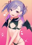  1boy bra bulge character_request chromatic_aberration crossdressing demon_wings gradient gradient_background hair_ribbon heart highres male_focus mizuki_eiru_(akagi_kurage) otoko_no_ko panties purple_background purple_eyes purple_hair ribbon smile two_side_up underwear wings yellow_background 