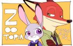  16:10 anthro black_nose canid canine clothing crossed_arms dipstick_ears disney duo english_text fox fur green_eyes grey_body grey_fur hi_res japanese_text judy_hopps lagomorph leporid mammal meno multicolored_ears necktie nick_wilde police_uniform purple_eyes rabbit red_body red_fox red_fur shirt simple_background smile tan_body tan_fur text topwear uniform white_body white_fur yellow_background zootopia 