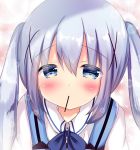  1girl blush food food_in_mouth gochuumon_wa_usagi_desu_ka? hair_ornament holding holding_food incoming_pocky_kiss kafuu_chino kafuu_chino&#039;s_school_uniform light_blue_hair looking_at_viewer mouth_hold pocky pocky_day pocky_kiss rikatan school_uniform shared_food sharing_food solo twintails x_hair_ornament 