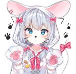  1girl animal_costume animal_ears bangs blue_eyes blush bow commentary eromanga_sensei eyebrows_visible_through_hair grey_hair hair_bow izumi_sagiri long_hair looking_at_viewer mouse_costume mouse_ears mouse_tail paw_print pink_bow pink_ribbon ribbon sidelocks silver_hair solo tail tail_bow upper_body urim_(paintur) 