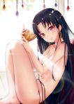  1girl alcohol backlighting bangs bare_legs barefoot black_hair black_panties blush breasts cleavage closed_mouth commentary_request cushion fate/grand_order fate_(series) gem goblet ishtar_(fate/grand_order) knees_up lens_flare light_censor long_hair looking_at_viewer looking_to_the_side panties parted_bangs red_eyes revision small_breasts smile solo spilling topless underwear underwear_only very_long_hair wine yan_(nicknikg) 