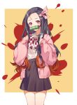  1girl absurdres bit_gag black_hair black_skirt blush bow bowtie cardigan checkered checkered_bow checkered_neckwear commentary_request forehead gag gagged hair_ribbon highres kamado_nezuko kimetsu_no_yaiba long_hair long_sleeves looking_at_viewer maoshinian1 medicine_melancholy multicolored multicolored_background multicolored_hair open_cardigan open_clothes orange_hair pink_cardigan pink_eyes pink_ribbon pleated_skirt ribbon shirt skirt sleeves_past_wrists solo two-tone_hair very_long_hair white_shirt 