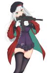  1girl aiming assault_rifle bangs beret black_headwear black_legwear black_skirt closed_mouth commentary facial_mark girls_frontline gloves green_eyes gun h&amp;k_hk416 hair_ornament hat head_tilt heckler_&amp;_koch highres hk416_(girls_frontline) holding holding_gun holding_weapon inniyik jacket long_hair long_sleeves object_namesake open_clothes pleated_skirt purple_jacket rifle silver_hair simple_background skirt solo thighhighs very_long_hair weapon white_background white_gloves wide_sleeves 