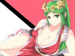  1girl bare_shoulders blush breasts cleavage cosplay fan fatal_fury folding_fan green_eyes green_hair highres japanese_clothes kid_icarus kid_icarus_uprising large_breasts long_hair looking_at_viewer palutena ponytail revealing_clothes sash shiranui_mai shiranui_mai_(cosplay) smash_is_for_good_boys_and_girls smile solo super_smash_bros. the_king_of_fighters tomas_(kaosu22) 
