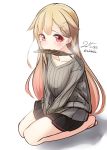  1girl black_ribbon black_skirt blonde_hair dated fish full_body grey_sweater hair_flaps hair_ornament hair_ribbon hairclip highres kantai_collection long_hair looking_at_viewer mouth_hold nekobaka pleated_skirt red_eyes remodel_(kantai_collection) ribbed_sweater ribbon saury seiza simple_background sitting skirt solo sweater watery_eyes white_background yuudachi_(kantai_collection) 