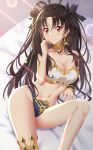  1girl absurdres armlet asymmetrical_legwear asymmetrical_sleeves bangs bare_shoulders bikini black_bikini_bottom black_hair blush breasts cleavage closed_mouth collarbone detached_collar detached_sleeves earrings fate/grand_order fate_(series) gold_trim highleg highleg_bikini highres hoop_earrings ishtar_(fate/grand_order) jewelry long_hair looking_at_viewer medium_breasts navel neck_ring parted_bangs single_detached_sleeve single_thighhigh smile solo sparkle swimsuit thighhighs thighs tiara two_side_up white_bikini_top yohane_yoshiko 