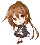  1girl absurdres bangs black_legwear black_sailor_collar black_skirt blue_jacket blush brown_eyes brown_footwear brown_hair chibi commentary_request crescent crescent_moon_pin eyebrows_visible_through_hair full_body fumizuki_(kantai_collection) hair_between_eyes highres ichi jacket kantai_collection long_hair long_sleeves open_clothes open_jacket parted_lips pleated_skirt ponytail remodel_(kantai_collection) sailor_collar shirt simple_background skirt socks solo very_long_hair white_background white_shirt yellow_neckwear 