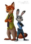  anthro bottomwear canid canine claws clothed clothing crossed_arms dipstick_ears disney duo elena_samoryadova fluffy fluffy_tail fox fully_clothed fur grey_body grey_fur inner_ear_fluff judy_hopps lagomorph leporid looking_at_another mammal multicolored_ears necktie nick_wilde orange_body orange_fur pants pink_nose police_uniform purple_eyes rabbit red_fox shirt simple_background smile standing toe_claws toeless_legwear topwear tuft uniform white_background zootopia 