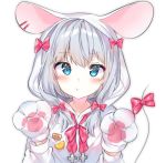  1girl animal_costume animal_ears bangs blue_eyes blush bow eromanga_sensei eyebrows_visible_through_hair grey_hair hair_bow izumi_sagiri long_hair looking_at_viewer mouse_costume mouse_ears mouse_tail pink_bow pink_ribbon ribbon sidelocks silver_hair solo tail tail_bow upper_body urim_(paintur) 