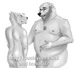  beard canid canine censored duo ear_piercing ear_ring english_text eyewear facial_hair glasses male male/male mammal meme monochrome mosaic_censorship nude overweight piercing sepulte simple_background text ursid 