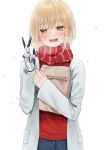  1girl :d bag bangs blonde_hair blush brown_eyes eyebrows_visible_through_hair grey_jacket hair_between_eyes highres jacket long_sleeves looking_at_viewer object_hug open_clothes open_jacket open_mouth original paper_bag piripun prosthetic_hand red_scarf red_shirt round_teeth scarf shirt simple_background smile snowing solo_focus standing striped striped_scarf teeth upper_body upper_teeth w white_background winter 