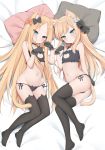  2girls abigail_williams_(fate/grand_order) absurdres animal_ears aqua_eyes ass bangs bare_shoulders bell bell_choker black_bow black_bra black_gloves black_legwear black_panties blonde_hair blue_eyes blush bow bra breasts cat_cutout cat_ear_panties cat_ears cat_lingerie cat_tail choker cleavage_cutout closed_mouth collarbone fate/grand_order fate_(series) forehead frilled_bra frills full_body gloves hair_bow highres jingle_bell kamu_(geeenius) legs long_hair looking_at_viewer lord_el-melloi_ii_case_files lying meme_attire multiple_girls navel on_side orange_bow panties parted_bangs paw_pose pillow reines_el-melloi_archisorte small_breasts smile tail thighhighs thighs underwear 