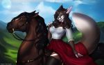  anthro blue_eyes breasts bridle canid canine choker claws clothed clothing countershading day dress ears_back equid equine female feral fox hair hi_res horse inner_ear_fluff jewelry long_hair looking_at_viewer mammal mane necklace nipples outside padjetxharrington pivoted_ears red_eyes reins riding saddle sky tuft white_belly 