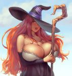  1girl bare_shoulders blue_sky breasts brown_eyes cleavage detached_sleeves dragon&#039;s_crown dress english_commentary hat hat_over_one_eye huge_breasts kupocun long_hair looking_at_viewer outdoors parted_lips red_hair sky sorceress_(dragon&#039;s_crown) staff strapless strapless_dress witch_hat 
