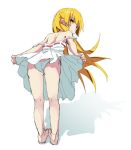  1girl ass bare_shoulders barefoot blonde_hair blush_stickers closed_mouth dress eyebrows_visible_through_hair from_behind full_body long_hair looking_at_viewer looking_back monogatari_(series) noa_(nagareboshi) off_shoulder oshino_shinobu panties shadow side-tie_panties simple_background sketch smile solo standing underwear white_background white_dress white_panties yellow_eyes 