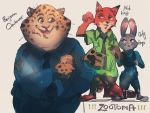  4:3 anthro bi-koo bottomwear brown_spots canid canine cheek_tuft cheetah clothed clothing dipstick_ears disney face_tuft fangs felid feline fox fully_clothed fur grey_body grey_fur group hi_res judy_hopps lagomorph leporid mammal multicolored_ears necktie nick_wilde open_mouth open_smile orange_body orange_fur pants pink_nose police_uniform purple_eyes rabbit red_fox shirt smile spots spotted_body spotted_fur standing toeless_legwear topwear tuft uniform whiskers yellow_body yellow_fur zootopia 