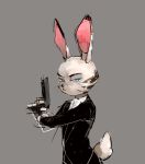  anthro black_nose black_stripes byungshinan clothed clothing disney fur grey_background grey_body grey_fur holding_gun holding_object holding_weapon jack_savage lagomorph leporid mammal rabbit scut_tail simple_background solo stripes suit weapon whiskers zootopia 