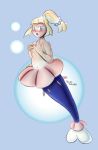  2017 accessory blonde_hair blue_eyes blush body_spikes breasts bubble covering covering_breasts eyewear female fin hair hair_accessory hi_res light_source lillie_(pok&eacute;mon) marine merfolk mermaid_tail nintendo no_shirt not_furry nude peed pink_spikes pok&eacute;mon pok&eacute;mon_(species) ponytail primarina shiny_pok&eacute;mon simple_background siren solo surprise terrystentacles transformation video_games white_body white_skin young 
