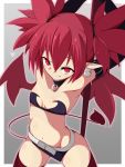  1girl belt black_gloves black_legwear black_skirt demon_girl demon_tail demon_wings disgaea earrings elbow_gloves etna flat_chest gloves hair_between_eyes highres jewelry kawa_mura looking_at_viewer makai_senki_disgaea miniskirt pointy_ears red_eyes red_hair short_hair skirt skull skull_earrings solo tail thighhighs wings 