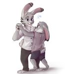  1an1 ambiguous_gender anthro black_stripes blue_eyes bodily_fluids bottomwear clothed clothing dialogue disney duo ear_markings ears_down english_text facial_markings fully_clothed fur grey_body grey_fur head_markings hi_res jack_savage judy_hopps lagomorph leporid looking_at_another mammal markings pants pivoted_ears purple_eyes rabbit shirt shorts simple_background standing stripes sweat sweatdrop text topwear white_background white_body white_fur zootopia 