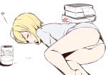  1girl alcohol ass beer beer_can blonde_hair blush book bookmark can closed_eyes erica_hartmann eyebrows_visible_through_hair lying momiji7728 on_floor on_stomach open_mouth panties shiny shiny_hair shirt short_hair simple_background sleeping solo strike_witches underwear white_background white_panties white_shirt world_witches_series 