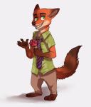  1an1 anthro barefoot black_nose bottomwear brown_tail canid canine claws clothing disney fangs fluffy fluffy_tail food fox fur gloves_(marking) green_eyes grin hi_res holding_food holding_object mammal markings neck_tuft necktie nick_wilde one_ear_up orange_body orange_fur pants pawpads pawpsicle popsicle red_fox shirt simple_background smile solo standing tan_body tan_fur teeth topwear tuft white_background zootopia 