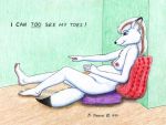  1999 anthro arctic_fox belly bernard_doove big_belly blue_eyes breasts canid canine english_text female fox fur hair mammal navel nipples nude pregnant sitting solo text trina_snowfox white_body white_fur white_hair 