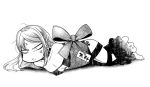  1girl anger_vein angry barefoot bound bow breasts cleavage consort_yu_(fate) dress fate/grand_order fate_(series) long_hair lying monochrome ribbon ribbon_bondage tied_up toritora 