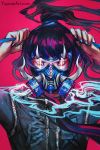  1girl bangs black_hair blunt_bangs english_commentary face gas_mask glowing glowing_eyes highres long_hair looking_at_viewer nail_polish original pink_background ponytail red_eyes solo tying_hair watermark web_address wenqing_yan 