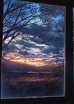  autumn autumn_leaves city_lights cityscape cloud cloudy_sky cola_(gotouryouta) commentary_request dusk falling_leaves fence highres leaf mountain mountainous_horizon no_humans original power_lines scenery sky sunset transmission_tower tree twilight wind window wooden_fence 