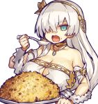  1girl anastasia_(fate/grand_order) blue_eyes breasts cleavage eating fate/grand_order fate_(series) food fried_rice hair_over_one_eye hairband jewelry large_breasts long_hair lowres melon22 pendant silver_hair spoon white_background 