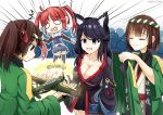  4girls :d aircraft animal_ears artist_name ass azur_lane black_hair black_legwear blue_eyes breasts brown_eyes brown_hair cat_ears chibi cleavage collarbone commentary crossover detached_sleeves e16a_zuiun empty_eyes fusou_(azur_lane) hachimaki happi headband hyuuga_(kantai_collection) ise_(kantai_collection) japanese_clothes kantai_collection kimono long_hair looking_back multiple_girls namesake nejiri_hachimaki open_mouth ponytail red_hair retrofit_(azur_lane) roshi_chen san_diego_(azur_lane) shirt short_hair short_kimono smile sparkle thighhighs twintails white_shirt wide_sleeves zettai_ryouiki 