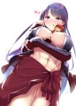  1girl abs arm_under_breasts bangs between_breasts bikini black_bikini blue_eyes blush breasts cleavage fate/grand_order fate_(series) heart jacket large_breasts licking_lips long_hair long_sleeves looking_at_viewer navel open_clothes open_jacket purple_hair red_jacket saint_martha saint_martha_(swimsuit_ruler)_(fate) sarong simple_background smile solo straight_hair swimsuit tetranono thighs tongue tongue_out white_background 