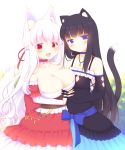  2girls :d animal_ear_fluff animal_ears bangs bare_shoulders black_dress black_gloves black_hair blue_bow blue_choker blue_eyes blush bow braid breasts cat_ears cat_girl cat_tail choker cleavage cleavage_cutout closed_mouth collarbone commentary_request detached_sleeves dress elbow_gloves eyebrows_visible_through_hair gloves hair_between_eyes hair_ribbon highres large_breasts long_hair long_sleeves multiple_girls open_mouth original puffy_short_sleeves puffy_sleeves red_choker red_dress red_eyes red_ribbon red_sleeves ribbon sakurato_ototo_shizuku short_over_long_sleeves short_sleeves sleeveless sleeveless_dress small_breasts smile tail tail_raised very_long_hair white_hair white_sleeves 