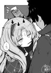 1boy 1girl bangs beni_shake blush cloak closed_mouth commentary_request eyebrows_visible_through_hair facial_mark fate/grand_order fate_(series) food food_in_mouth forehead_mark fujimaru_ritsuka_(male) full-face_blush fur-trimmed_cloak fur_trim greyscale horns ishtar_(fate/grand_order) jacket long_hair monochrome mouth_hold notice_lines parted_bangs pocky polar_chaldea_uniform signature space_ishtar_(fate) star star-shaped_pupils symbol-shaped_pupils two_side_up uniform very_long_hair 